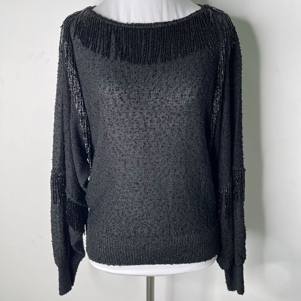 Lillie Rubin Women's Black Long Sleeve Round Neck Fringe Blouse Size Small